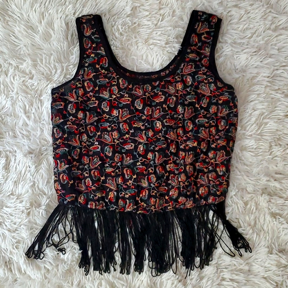 70s Style Embroidered Fringe Top